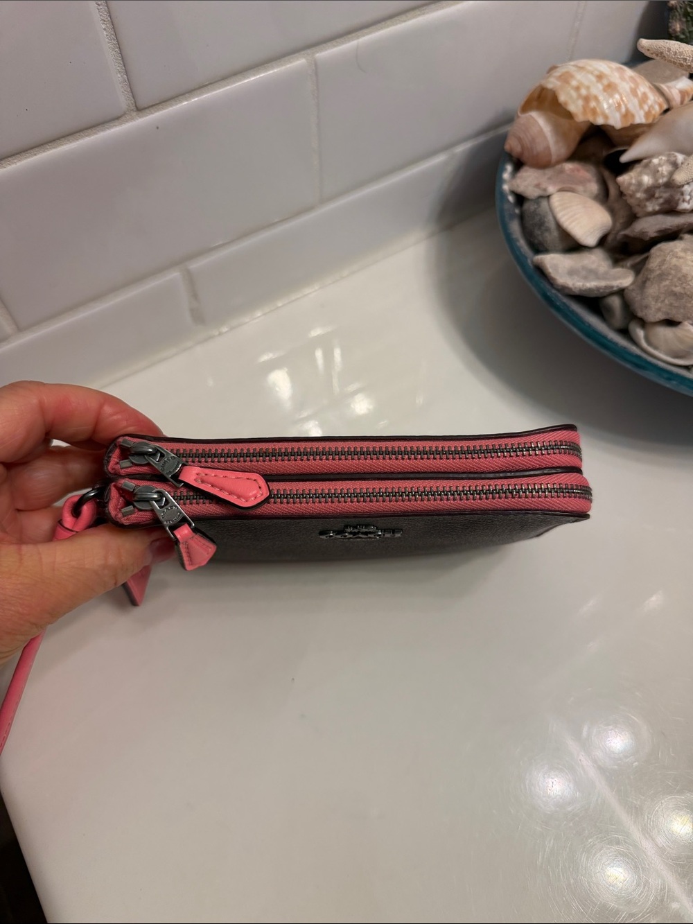 Coach Brown Signature Double Zip Wristlet with Pink Strap - Picture 4 of 10